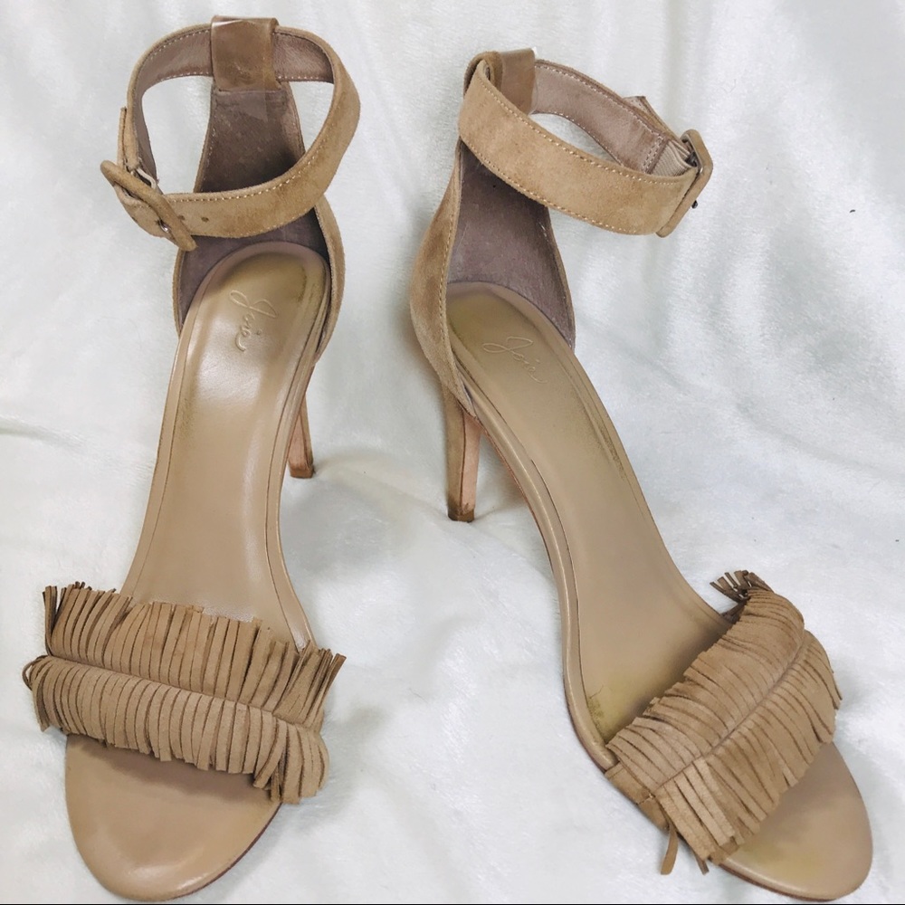 Joie Pippi Suede Leather Tan Sandal Heels, Fringe